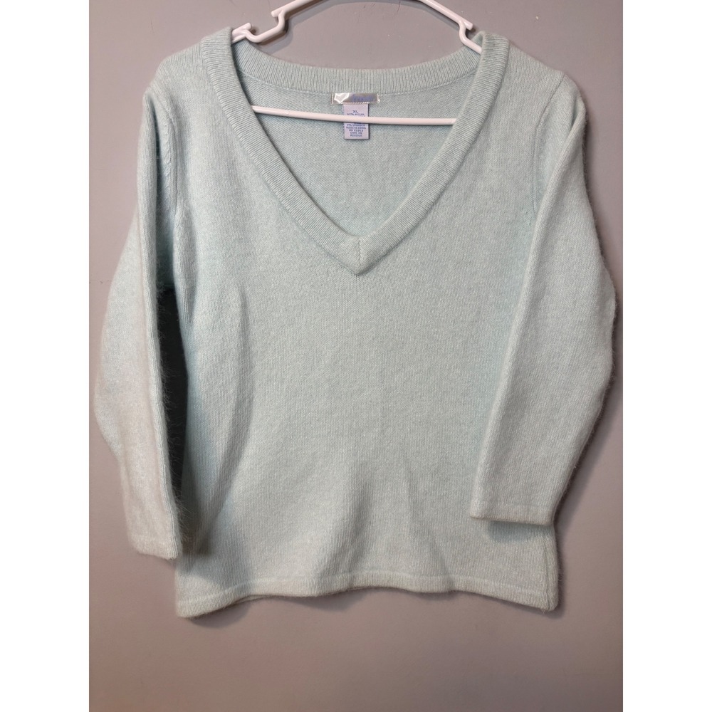 Frost Blue V Neck 3/4 Sleeve Angora Rabbit‎ Hair Lambs Wool Sweater Quiet Luxury